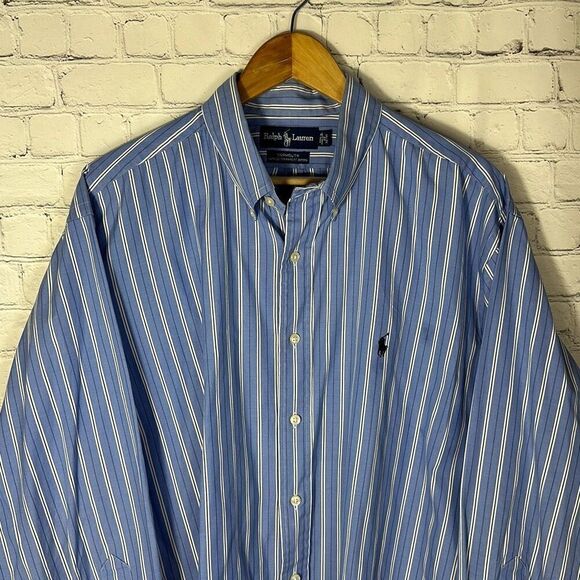 Ralph Lauren Dress Shirt Yarmouth Pinpoint Oxford Blue Striped Mens Sz 17 32/33 - Picture 2 of 7